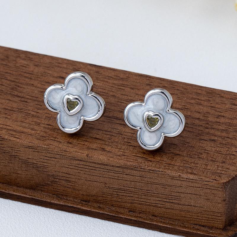 S911 silver needle niche simple high-end earrings super flash love zircon enamel oil drop flower lucky grass stud earrings