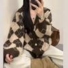 Retro High-End Women’s Contrast Diamond Knit Cardigan - Autumn/Winter Sweater