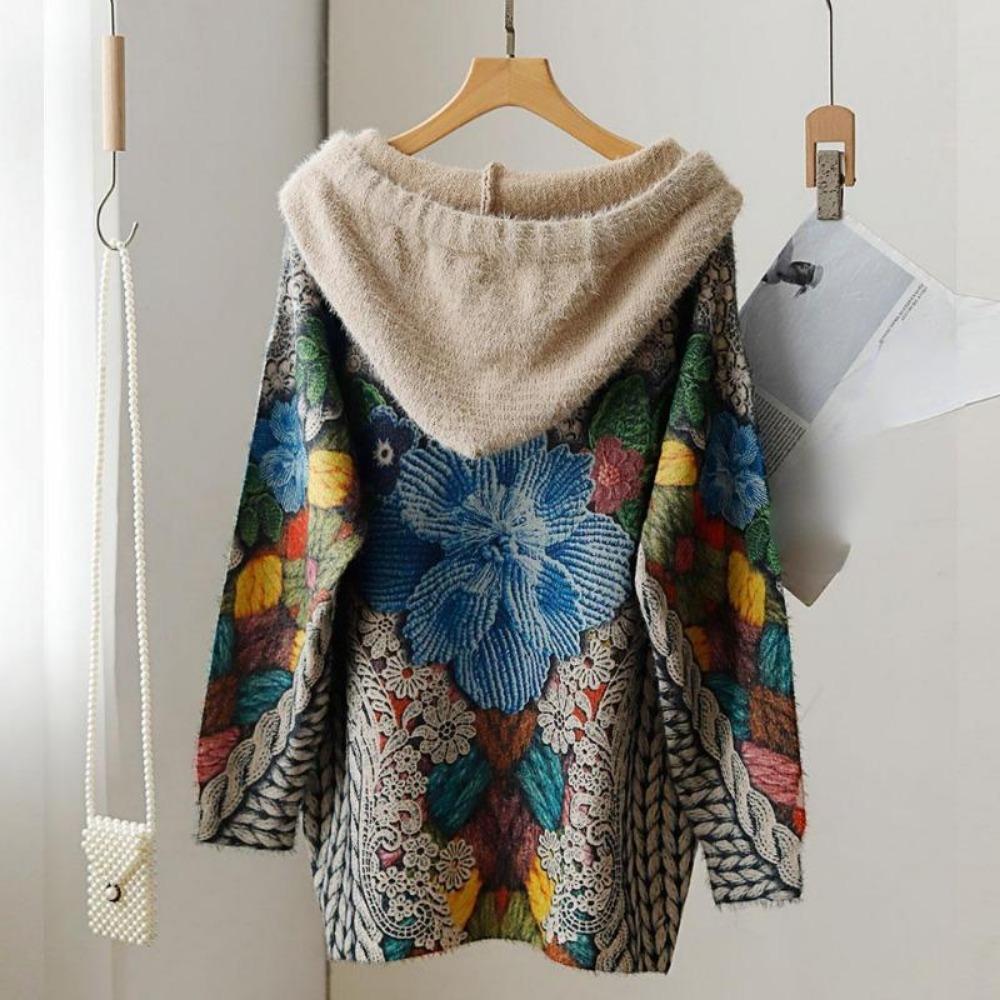 Большие размеры Зимние свитера Женские свитера большого размера Пуловеры Длинные рукава Шапки Вязание Свободный узор Печатный свитер