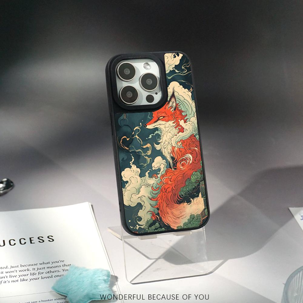 Nine-tailed fox art fashion design Phone Case for iPhone 17 16 e 15 14 13 12 Pro Max Sheepskin Silver-edged protective case