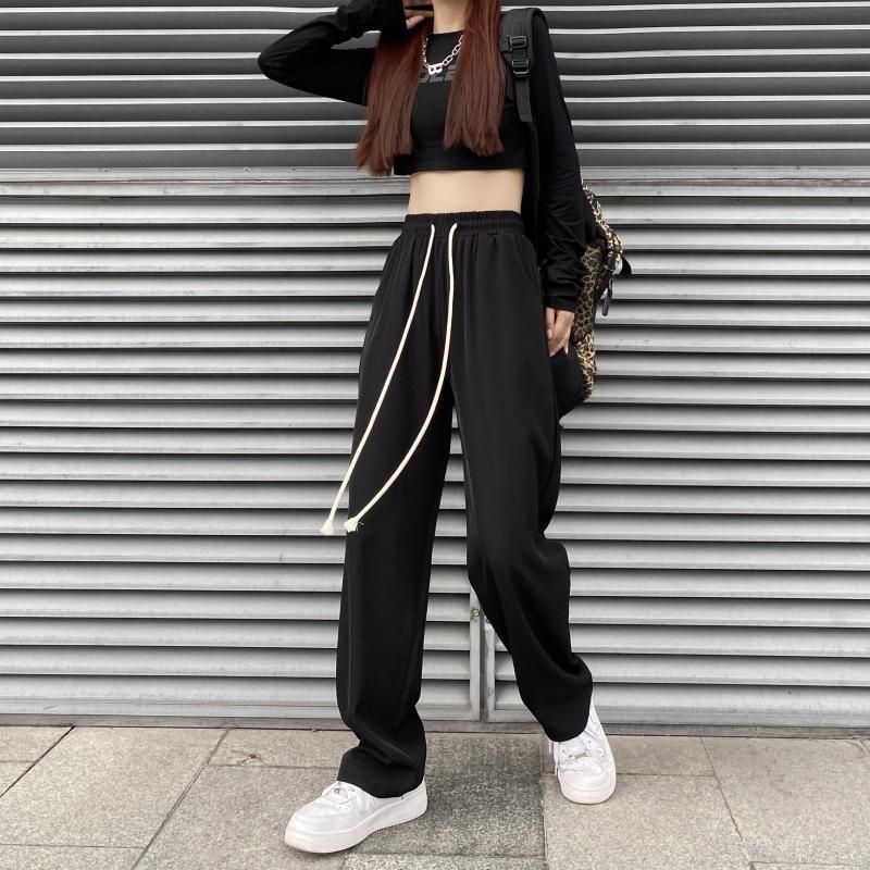 New Summer Draped Casual Pants for Women Black Versatile Drawstring Straight Trousers Baggy Wide-leg Pants