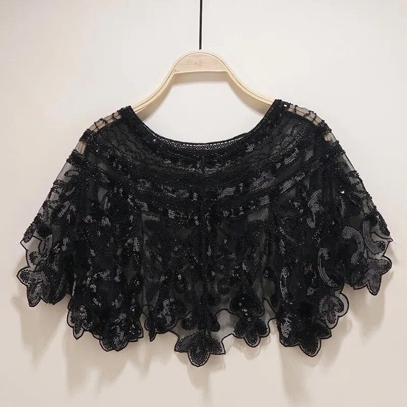 1920s Women Sequin Beaded Short Cape for Wedding Party Vintage Sequin Shawl Mesh Short Dress Prom Shawl Short Cover Up Dress