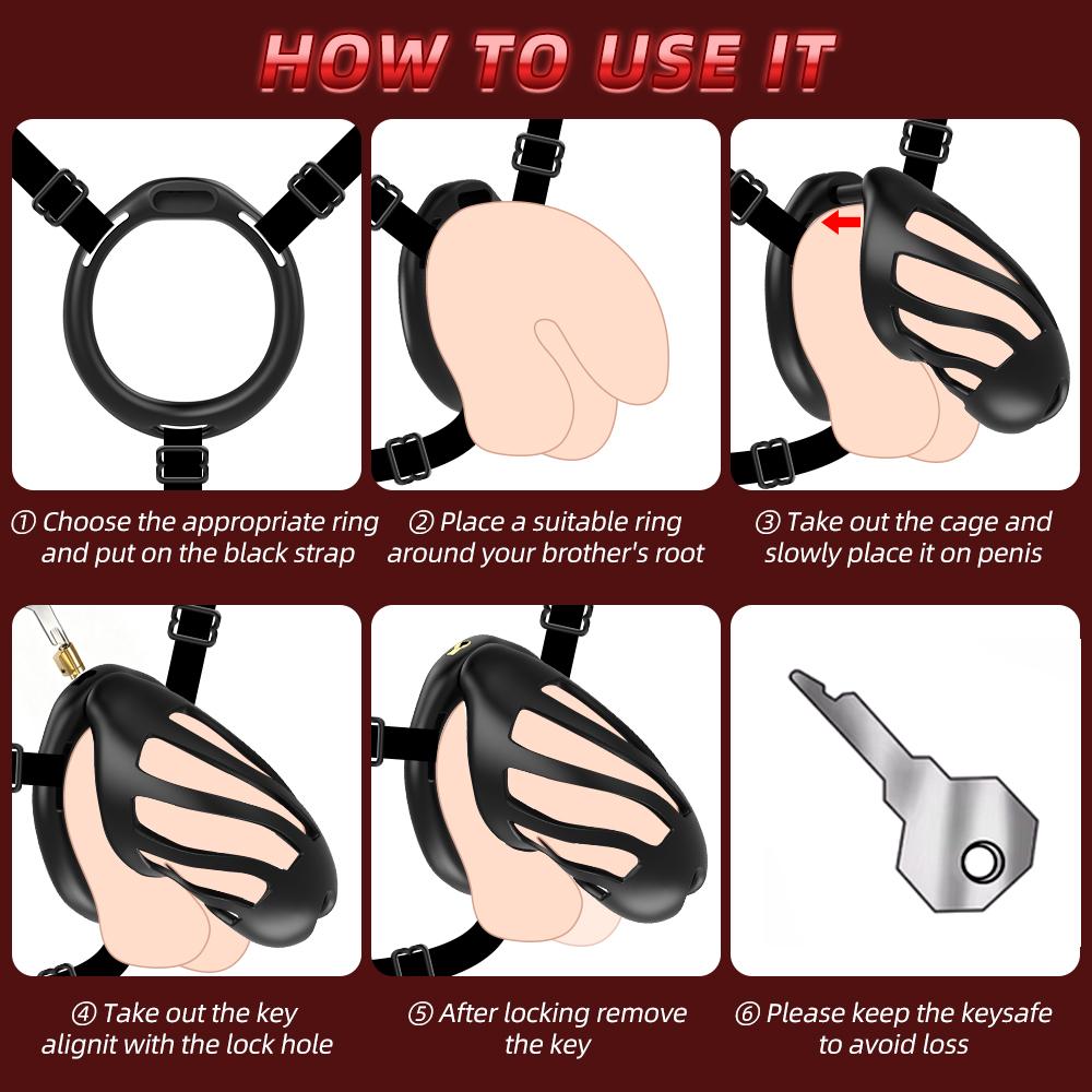 Male Penis Chastity Cage with 6 Rings Erotic Urethral Lock Sex Toys Device Penis Ring 3D Printed Penis Bondage Cock Cag BDSM Toy