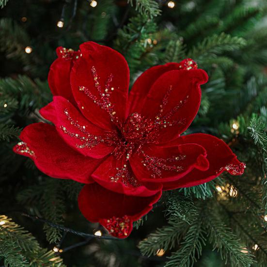 Artificial Poinsettia Flower Picks Velvet Glitter Magnolia Flower with Stem Christmas Tree Ornaments for Xmas New Year Party Wedding Holiday Decor