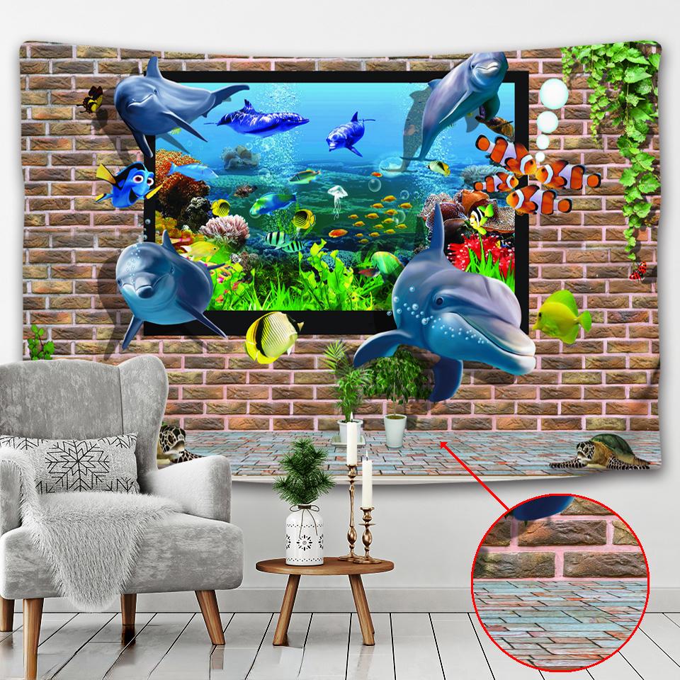 3D Underwater World Tapestry Imitation Window Sea Life Dolphin Tapestry Wall Hanging Living Room Room Aesthetics Home Decor
