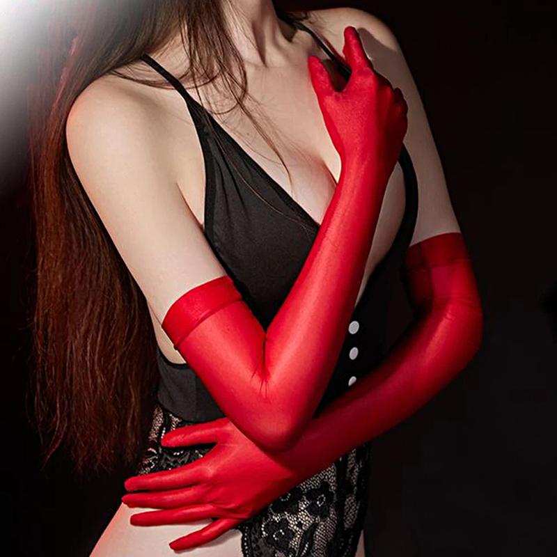 Sexy Glossy Long-sleeve Stockings Transparent Gloves Oil Shiny Tight Mittens Party Club
