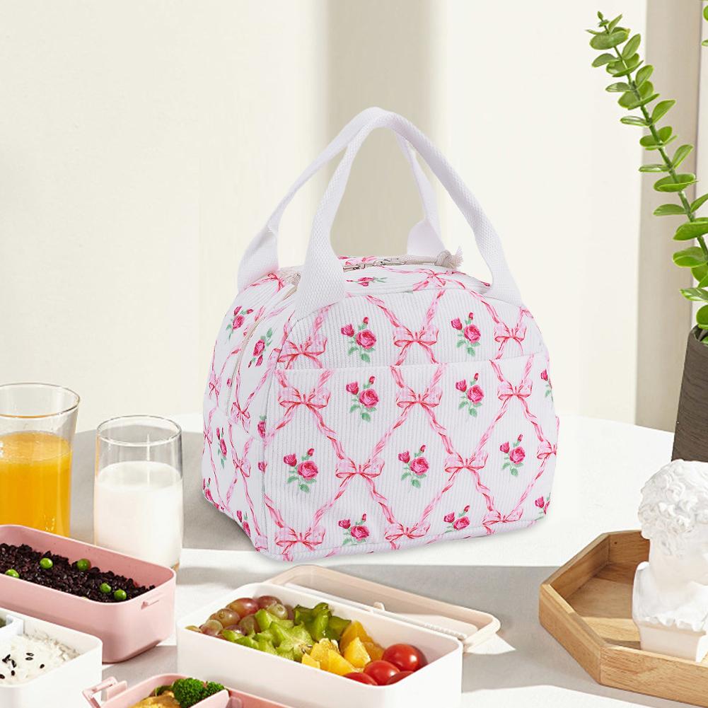 Women Cute Lunch Box Bag Large Capacity Hand-Held Cooler Bag Floral Printed Cotton Padded Picnic Bag Work Trip Bag