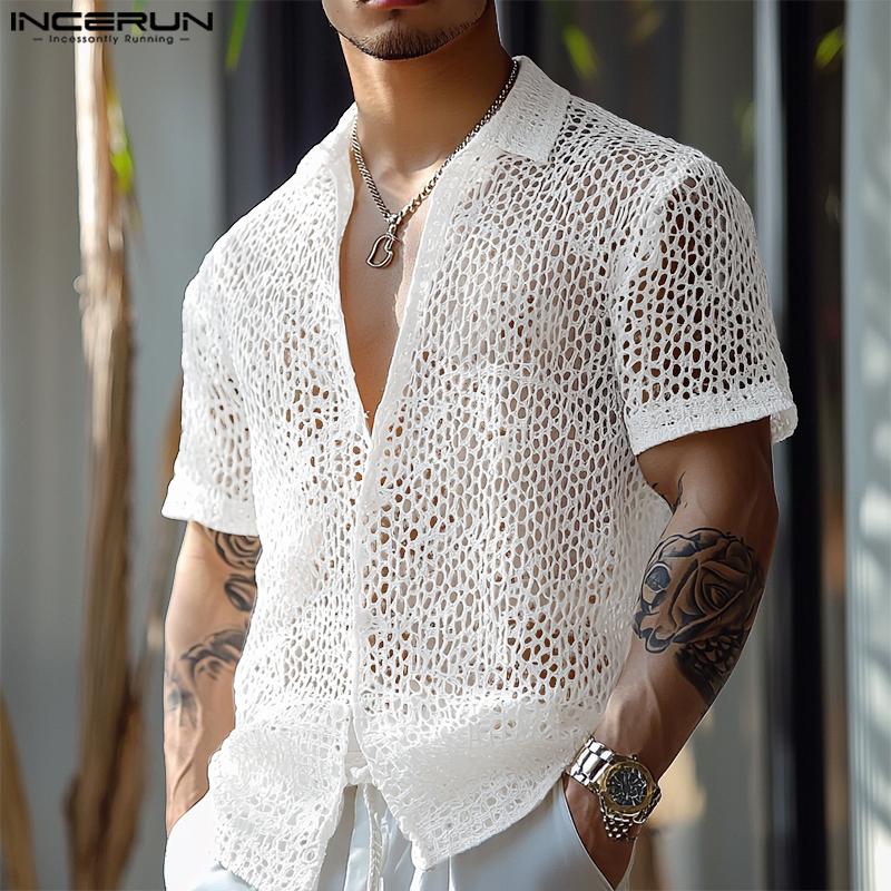 INCERUN Мужские летние пляжные рубашки с коротким рукавом из вязаной крючком ажурной пряжи