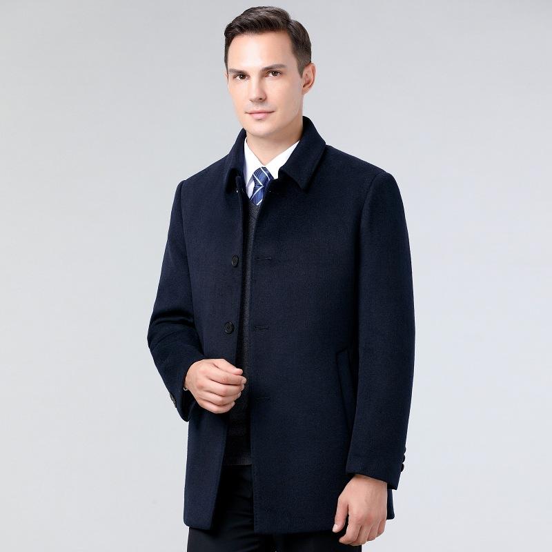 Middle-aged and Elderly Cashmere Coat Men's Medium-length Warm and Thickened Woolen Woolen Coat for Middle-aged Dads