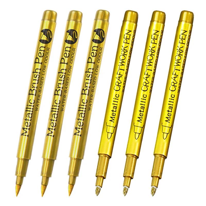 6Pcs Brush Metallic Paint Marker Pens Gold Silver Color Permanent Art Marker For Manga Crafts Scrapbooking Stationery Supplies