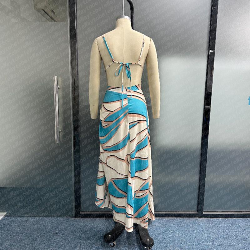 Летнее длинное платье с открытой спиной и разрезом на бретельках в европейском и американском стиле