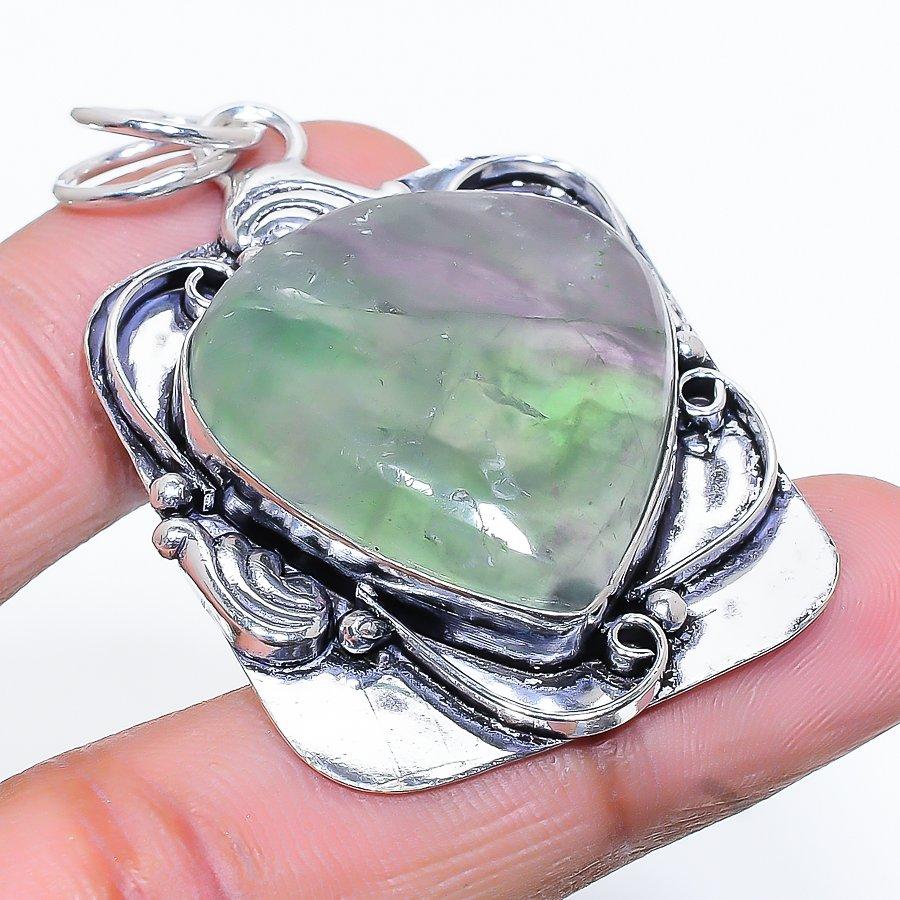Natural Green Fluorite Gemstone 925 Sterling Silver Gift Pendant 2.09" O9G70