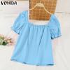 Women Summer Lace Square Neck Bubble Short Sleeve Solid Color Blouses