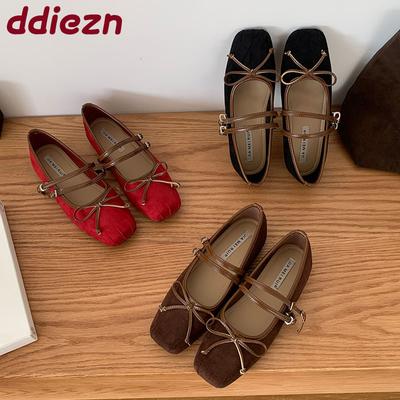 Мода Мода Ремешок с пряжкой Женские туфли Мэри Джейн Балетки Неглубокие Женские С квадратным носком Обувь Бабочка-узел Женские туфли-балетки