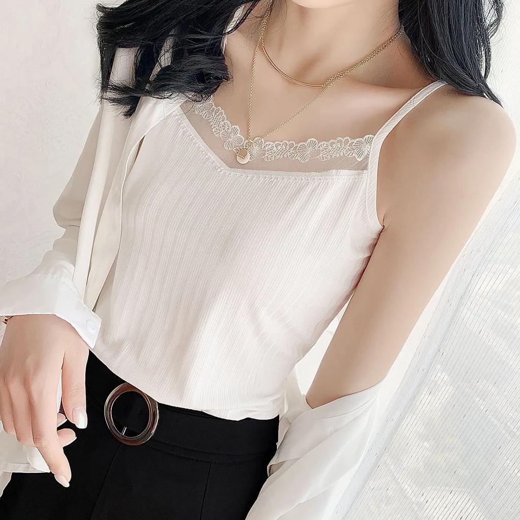 Threaded Tank Top Women Suspender Vest Female Lace Trim Sleeveless Top Elastic Bottom Shirt Casual Solid Color Top