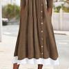 Женское осеннее платье, подходящее по цвету лоскутное платье из двух частей, плиссированное платье с пуговицами, трапециевидное платье с боковыми карманами и длинными рукавами, с круглым вырезом, миди-платье