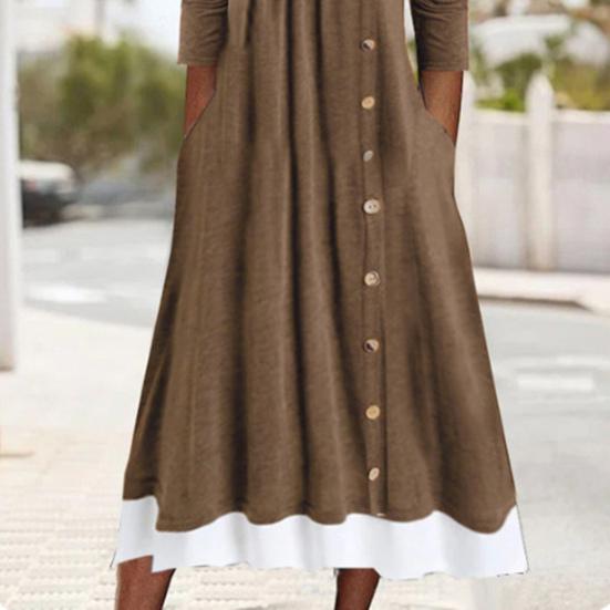 Женское осеннее платье, подходящее по цвету лоскутное платье из двух частей, плиссированное платье с пуговицами, трапециевидное платье с боковыми карманами и длинными рукавами, с круглым вырезом, миди-платье