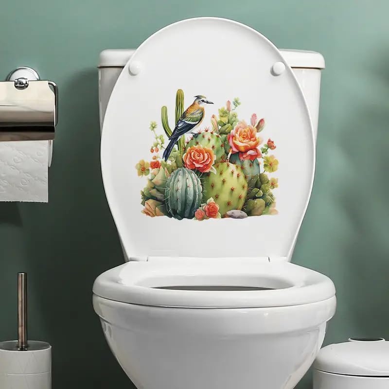 Tropical Cactus Bird Toilet Cover Sticker Decals,Fish Bird Flower Leaf Waterproof Toilet Lid Tank Seat Decals Cistern Self-Adhesive Bathroom Wall