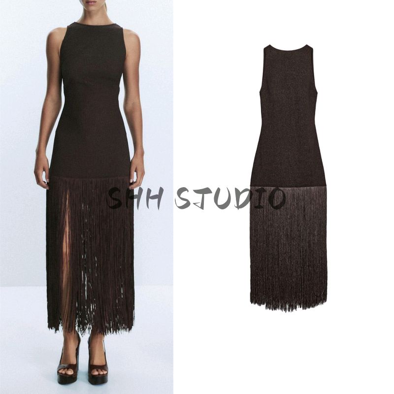 Autumn New Women's Clothing Vacation Style Round Neck Sleeveless Open Back Minimalist Silm Tassel Dress 8741240