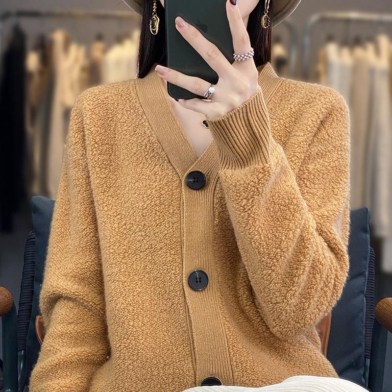 Женский кардиган в корейском стиле из 100% шерсти с V-образным вырезом - Свободный, Модный, Приталенный свитер