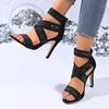 Sexy Lace Cross Strap Zip Sandals Women 2025 Summer Black Glitter Mesh Super High Heels Pumps Steel Tube Dance Shoes Women