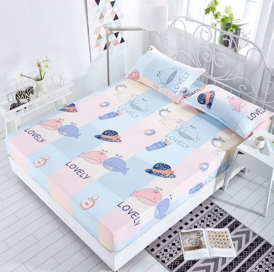 Bed Fitted Sheet with Elastic Rubber Washed Cotton Cartoon Animal Print Fitted Sheet + 2pcs Pillowcases 15 Sizes Mattress Cover