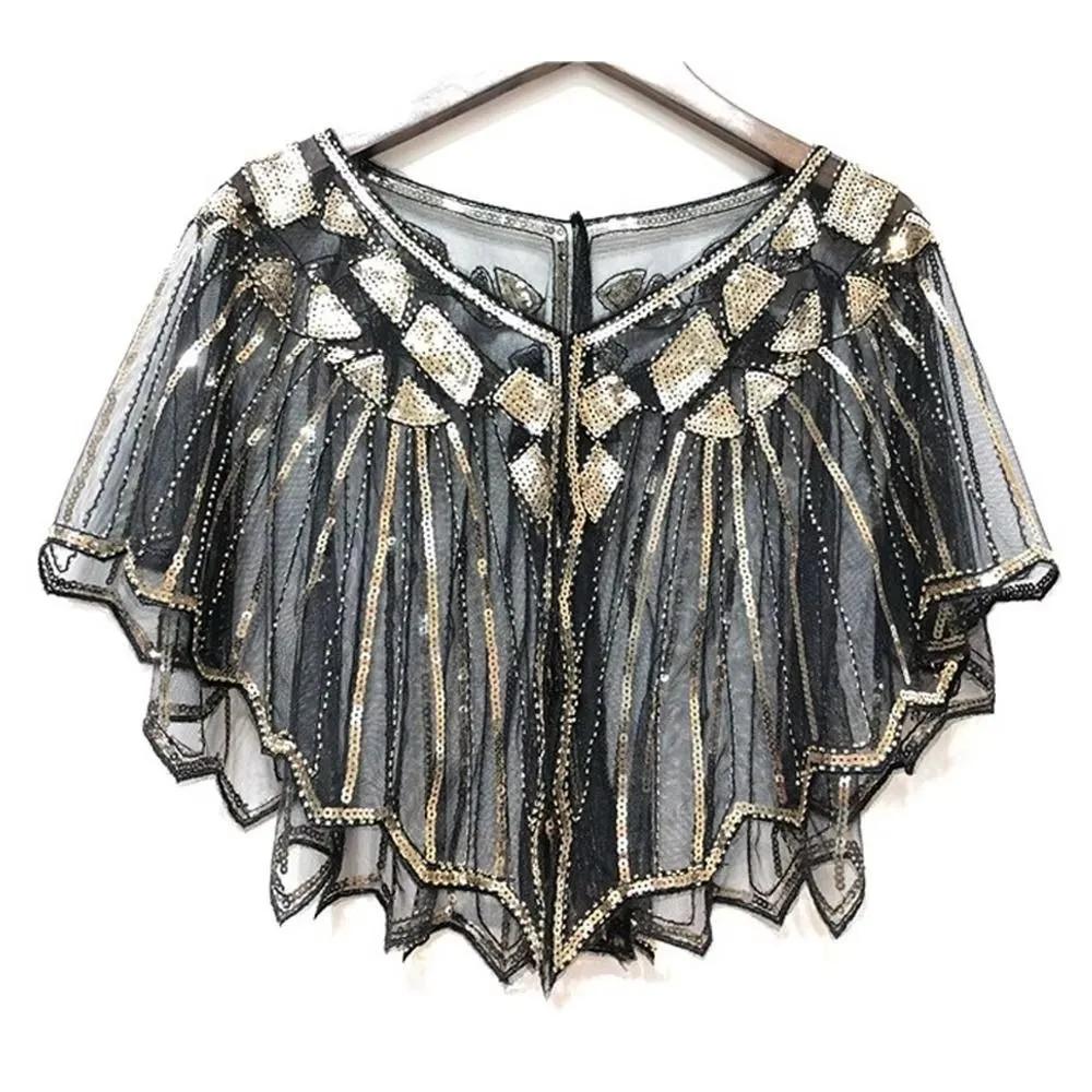 Beaded Decoration Women's Sequins Shawl Vintage Mesh Evening Cape Up Dress Accessory Short Cover Flapper Party Shawl Ladies