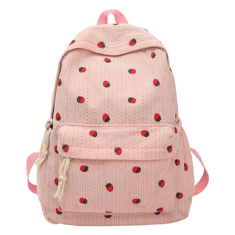 Женский вельветовый рюкзак с принтом клубники, школьный портфель для школьников