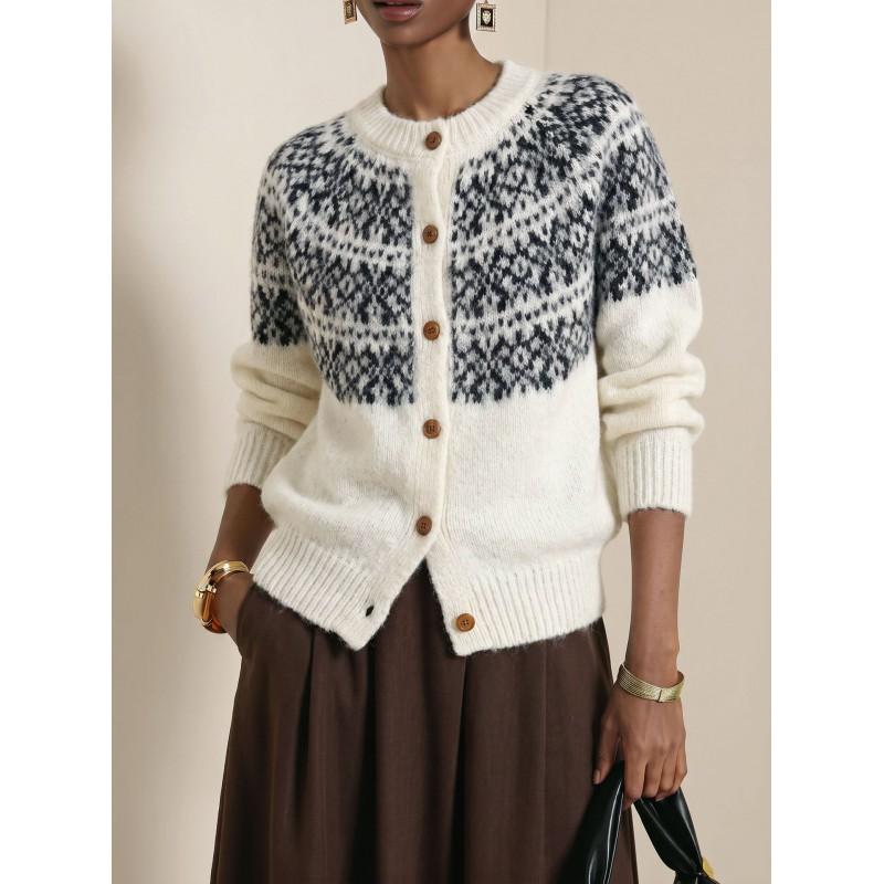 Womens Fair Isle Knit Cardigan Sweater Loose Fit Round Neck Warm Long Sleeve Outerwear