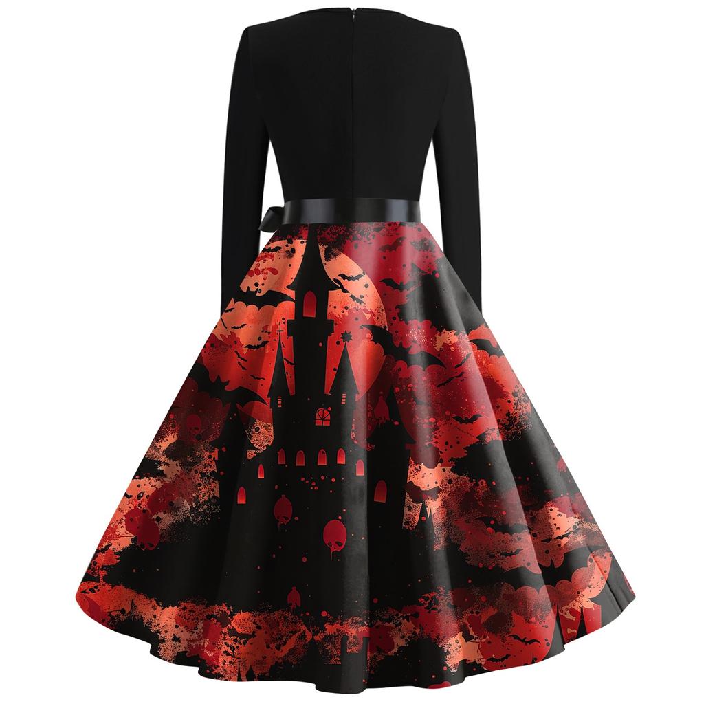 Платье-клеш с принтом на Хэллоуин для женщин с длинным рукавом, повседневные платья с круглым вырезом и ажурной отделкой