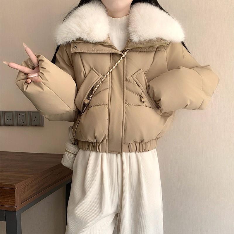 Womens Short Puffer Coat With Faux Fur Collar Slim Waist Pockets Warm Winter Jacket