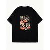 Oversized T Shirt Black Cats Eating Ramen And Sushi Japanese Style Print For Casual Wear