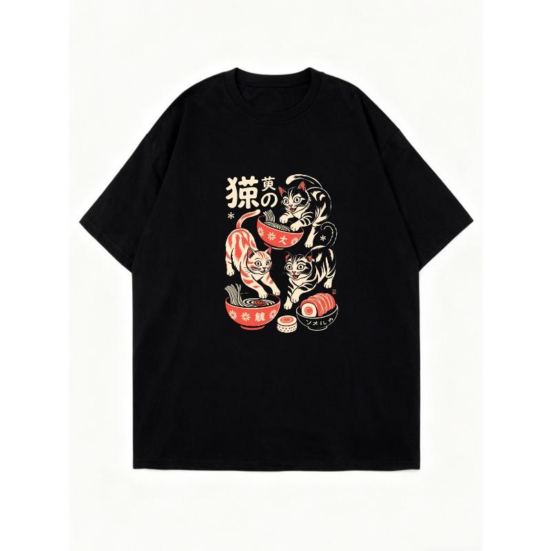 Oversized T Shirt Black Cats Eating Ramen And Sushi Japanese Style Print For Casual Wear