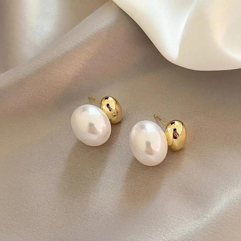 LATS New French Elegant Gold Color Bean Spliced Flat Pearl Earrings for Korean Fashion Zircon Party Women's Sweet Accessories