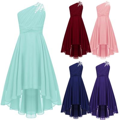 Детское платье с цветочным узором для девочек, праздничное платье принцессы на одно плечо, вечернее платье для выпускного вечера с высоким и низким подолом