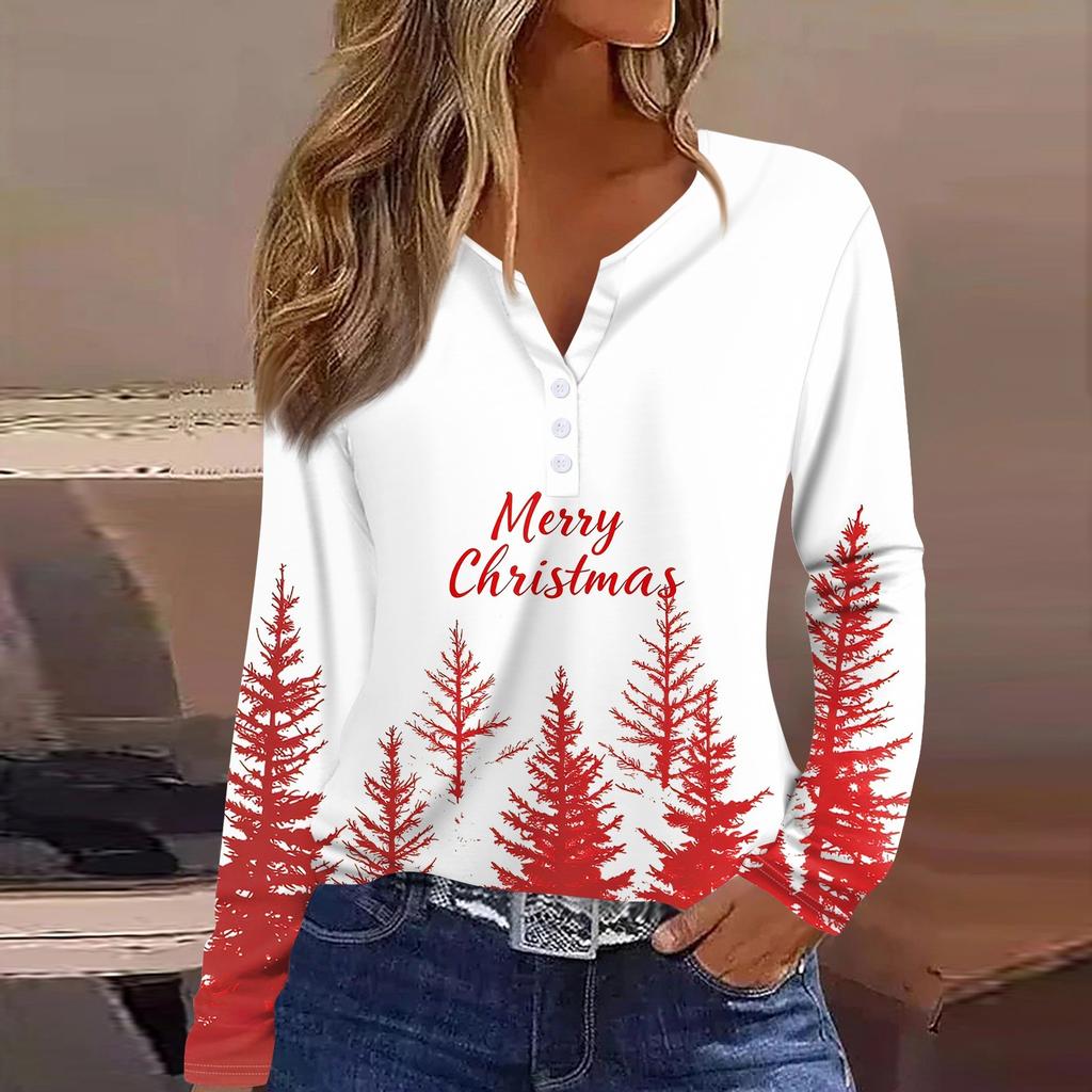 Женская футболка с рождественским принтом на пуговицах с длинным рукавом, повседневная, выходного дня, модная, базовая, с V-образным вырезом, обычная