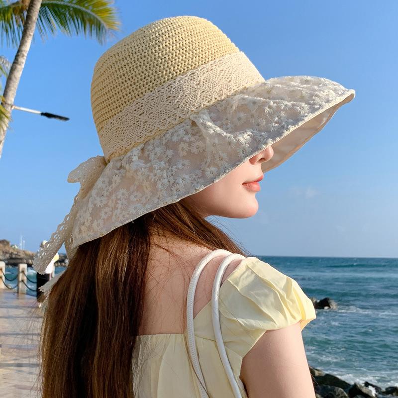 Breathable hat summer women's outdoor sweet sunscreen hat mesh bucket hat lace bow big brim