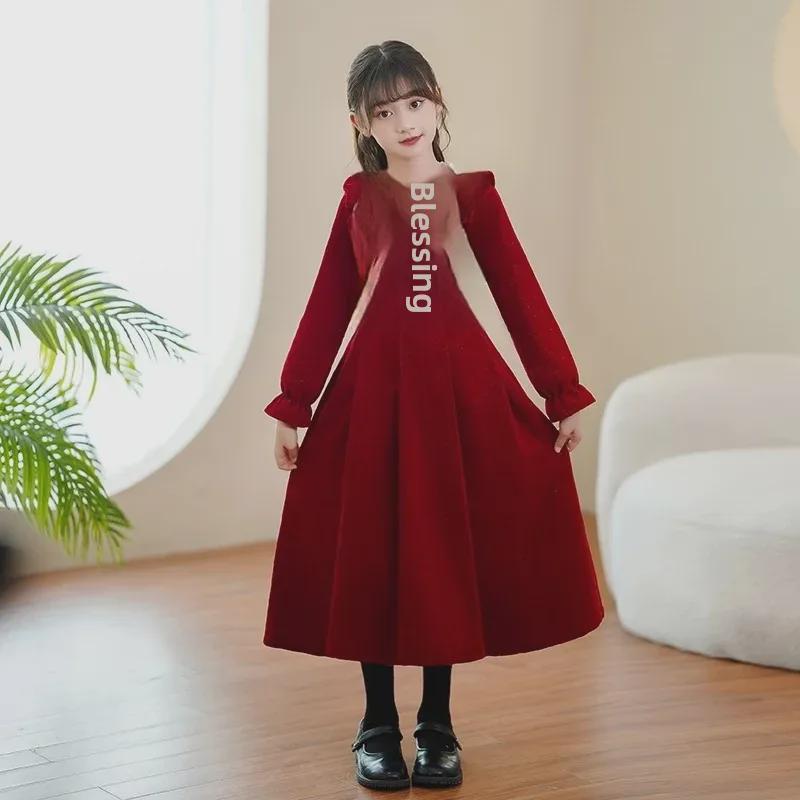 Стильное длинное платье принцессы красного цвета для маленьких девочек - коллекция зима и осень