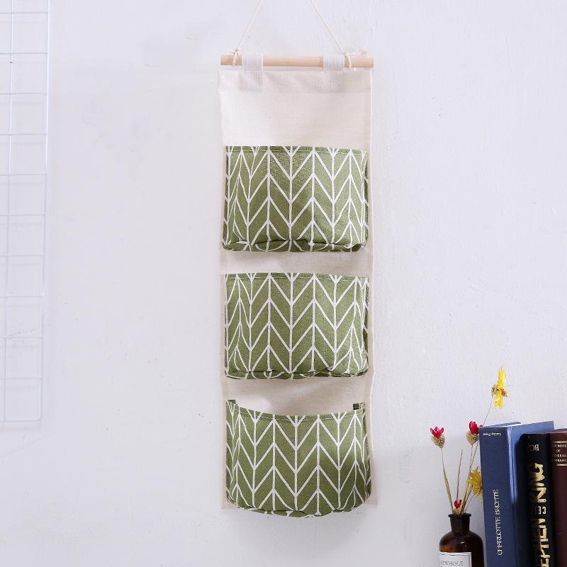 Three Pockets Hanging Wall Storage Bag Household Bedroom Living Room Kitchen Cotton Linen Storage Bag