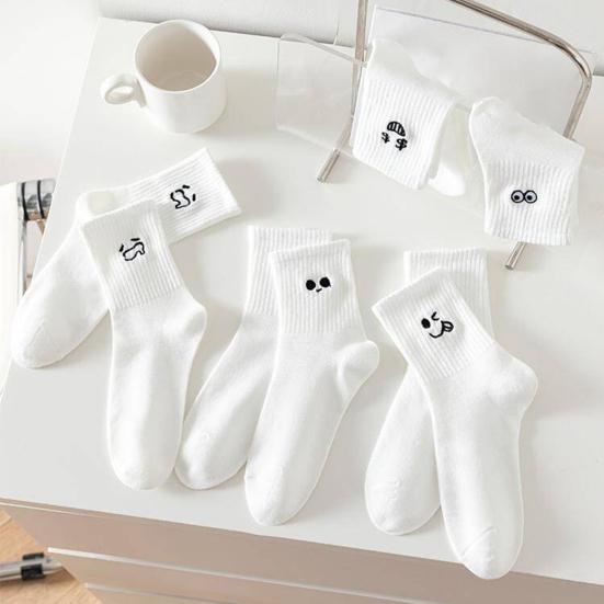5 Pairs Unisex Winter Socks Cartoon Countenance Embroidery Mid-tube High Elasticity Wrapping Anti-slip Floor Socks Comfort Warmth Sleeping Socks