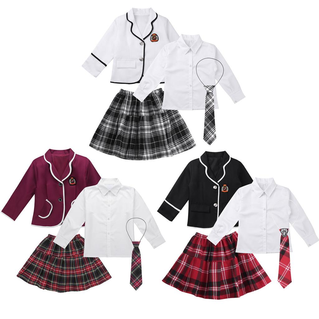 Girls School Uniform Kids British Style Japanese Anime Outfit Long Sleeve Coat with Shirt Tie Mini Skirt 4PCS Set