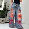 Women Pants Drawstring Exaggerated Printed Imitation Denim Design Wide-Leg Trousers Elastic Waist Pants with Pockets