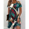 Женская повседневная и элегантная футболка-юбка с геометрическим принтом - Летнее платье с коротким рукавом и круглым вырезом