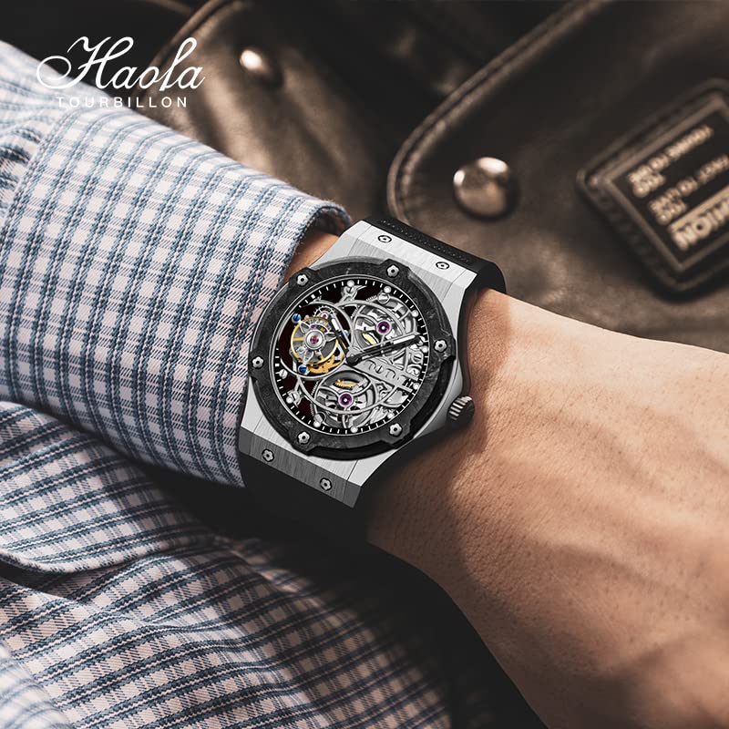 Часы HAOFA Tourbillon, механические, с ручным заводом, безель из углеродного волокна, корпус из титанового сплава, полый циферблат, стильные, популярные, водонепроницаемые, подарочные, мужские, мужские