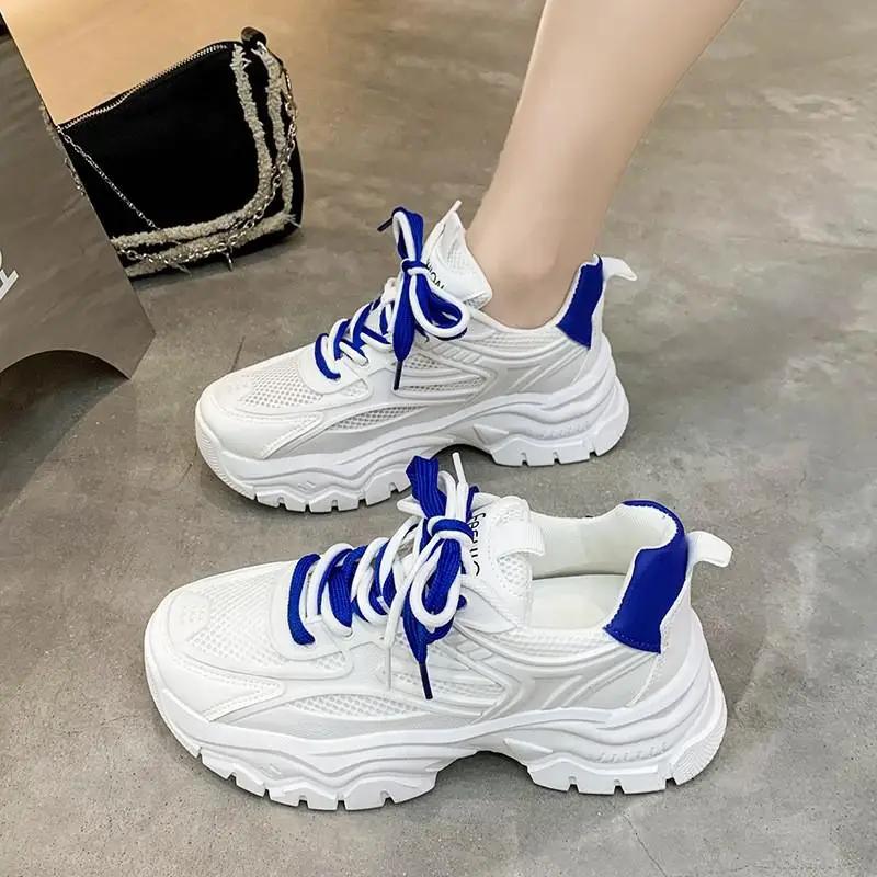 Spring Summer Purple Women Breathable Comfortable Thick Sole Casual Sneakers Fashion Hollow Mesh Lace Up Female Wedges Shoes