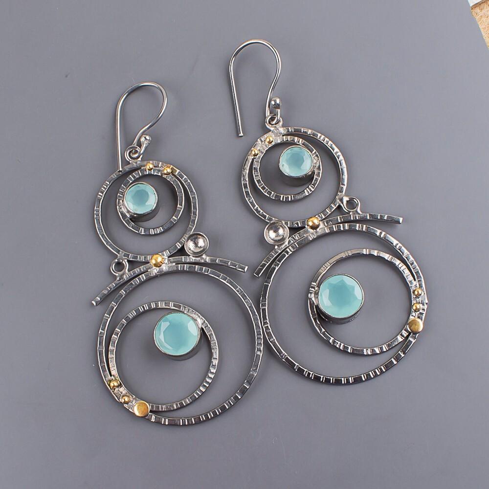 Камень Аква Халцедон Ювелирные изделия из стерлингового серебра 925 пробы Серьги-капли 2,86" EE-76-8