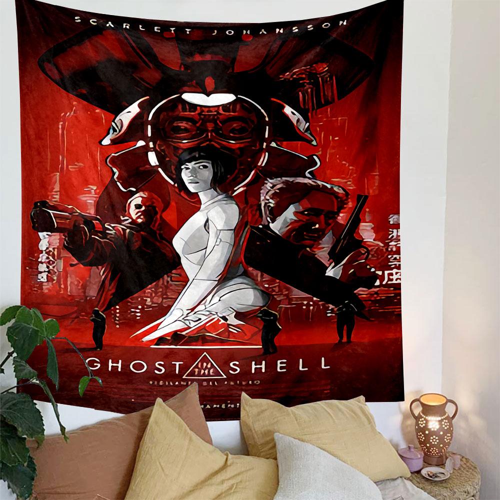 Ghost in the Shell Anime Tapestry Wall Hanging, Motoko Kusanagi Cyberpunk Art, Japanese Sci-Fi Wall Decor for Bedroom Gaming Room