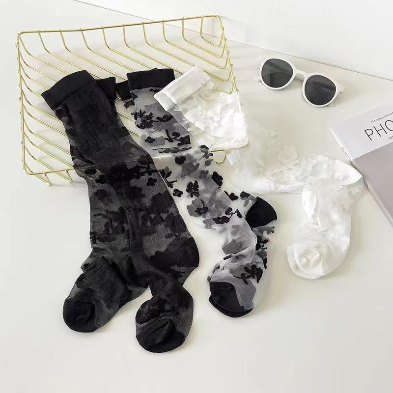 Summer Ultra-thin Transparent Nylon Long Socks Stockings Japanese Fashion Flower Knee Socks Vintage Crystal Silk Socks Stockings