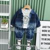 Autumn Fashion Spring and Autumn Full Print Bear Denim Hooded Suit Trendy Boys Long-sleeved Three-piece Suit