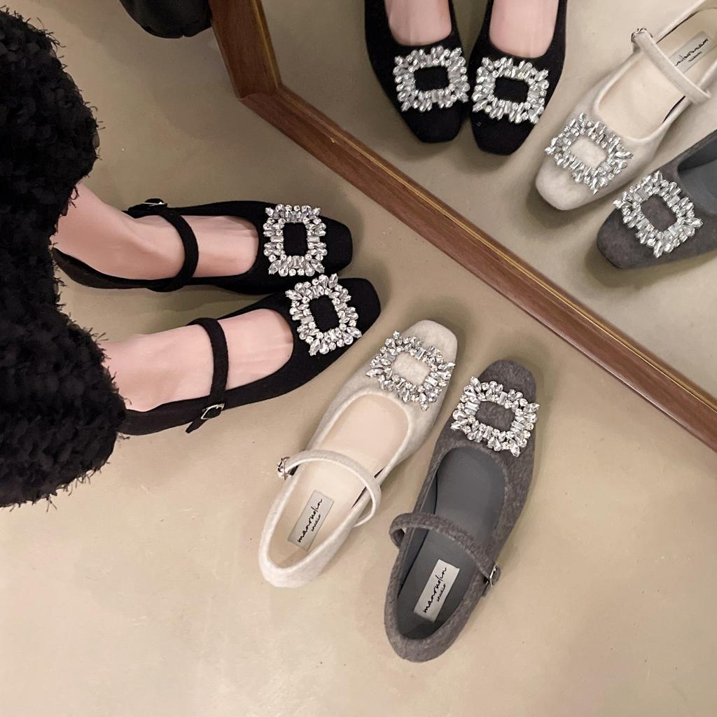 Fashion New Eelgant Rhinestone Women's Heels Square Toe Sexy Pump Chunky Heels Dress Shoes Grey White Mary Jane Single Shoes